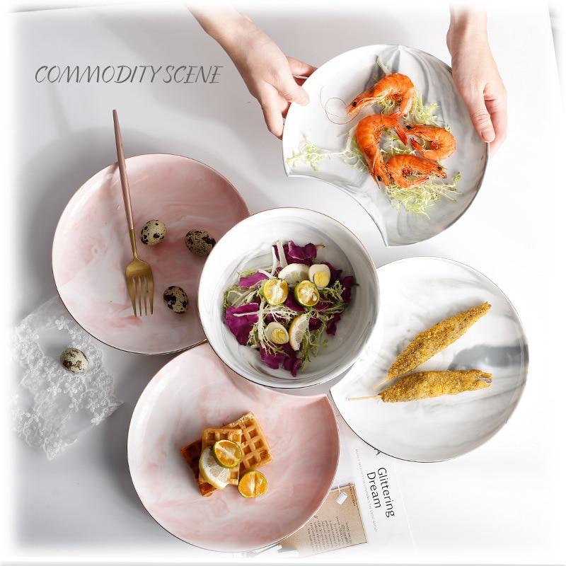 8 inch Creative Gold Marble Ceramic Dinner Plate Dish Soup Bowl Combination Set Tableware Food Container Dinnerware Crockery