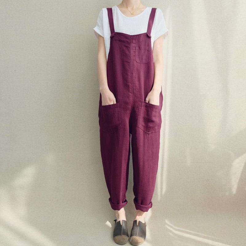 2019 ZANZEA Women Strappy Bib Overalls Pockets Summer Cotton Linen Long Jumpsuits Casual Solid Dungarees Loose Rompers Plus Size