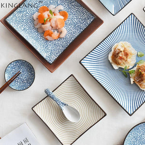 Japanese Ceramic Square Shape Dinner Dish  Plate Crockery Factory wholesale  Ceramic Dinnerware Blue and White Bone China