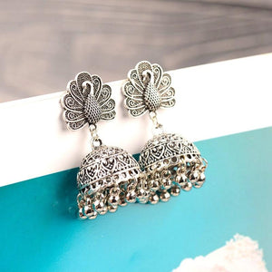 Ethnic Women's Silver Peacock Indian Gypsy Ethnic Boho Tribe Bell Tassel Drop Earrings