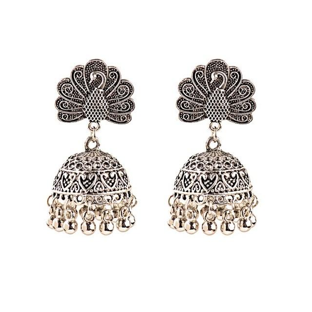 Ethnic Women's Silver Peacock Indian Gypsy Ethnic Boho Tribe Bell Tassel Drop Earrings