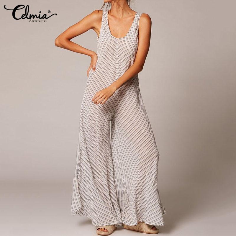 Celmia Women Long Jumpsuits 2019 Summer Sleeveless Romper Loose Casual Wide Leg Pants Female Striped Overalls Plus Size Dungaree