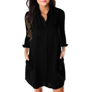 Women Loose Solid Dresses Turn Down Casual Ladies Office Shirt Dresses Button 2019 Summer Spring Long Sleeve Dresses Vestidos