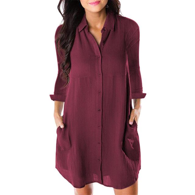 Women Loose Solid Dresses Turn Down Casual Ladies Office Shirt Dresses Button 2019 Summer Spring Long Sleeve Dresses Vestidos