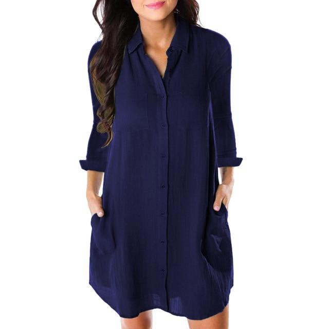 Women Loose Solid Dresses Turn Down Casual Ladies Office Shirt Dresses Button 2019 Summer Spring Long Sleeve Dresses Vestidos