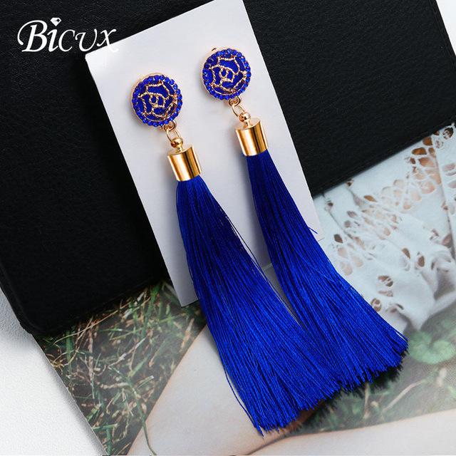 BICUX Fashion Bohemian Tassel Crystal Long Earrings