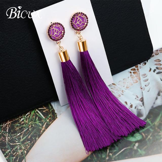 BICUX Fashion Bohemian Tassel Crystal Long Earrings