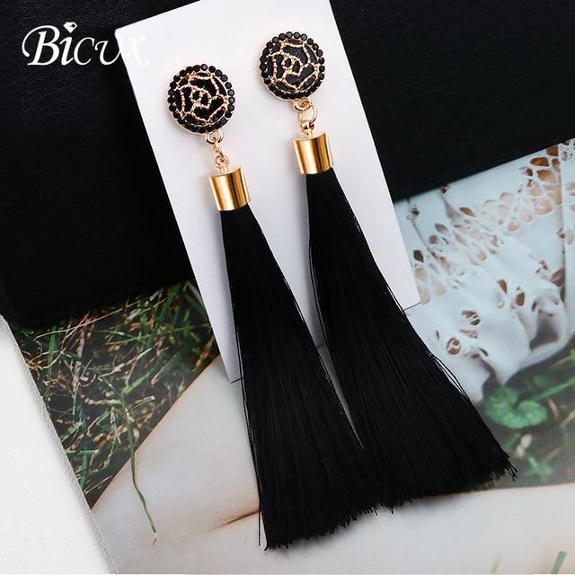 BICUX Fashion Bohemian Tassel Crystal Long Earrings