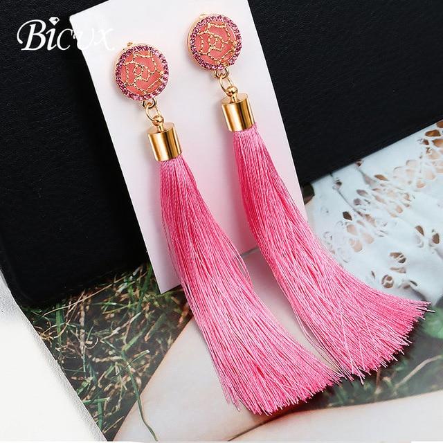 BICUX Fashion Bohemian Tassel Crystal Long Earrings