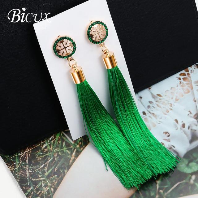 BICUX Fashion Bohemian Tassel Crystal Long Earrings