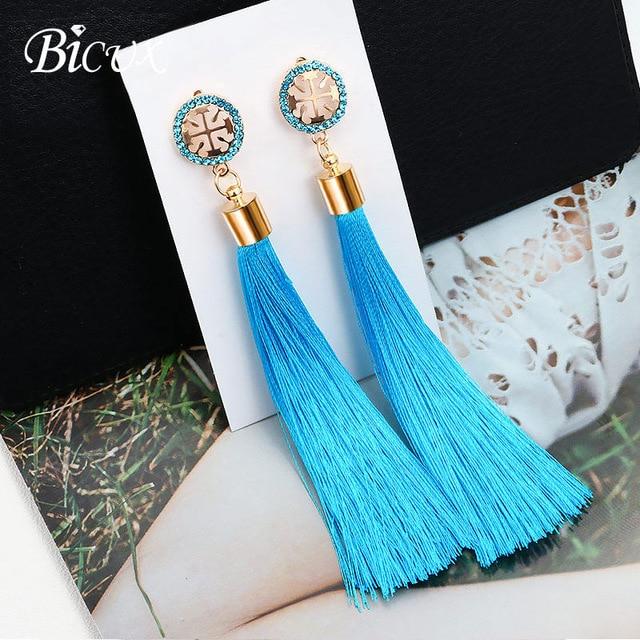 BICUX Fashion Bohemian Tassel Crystal Long Earrings