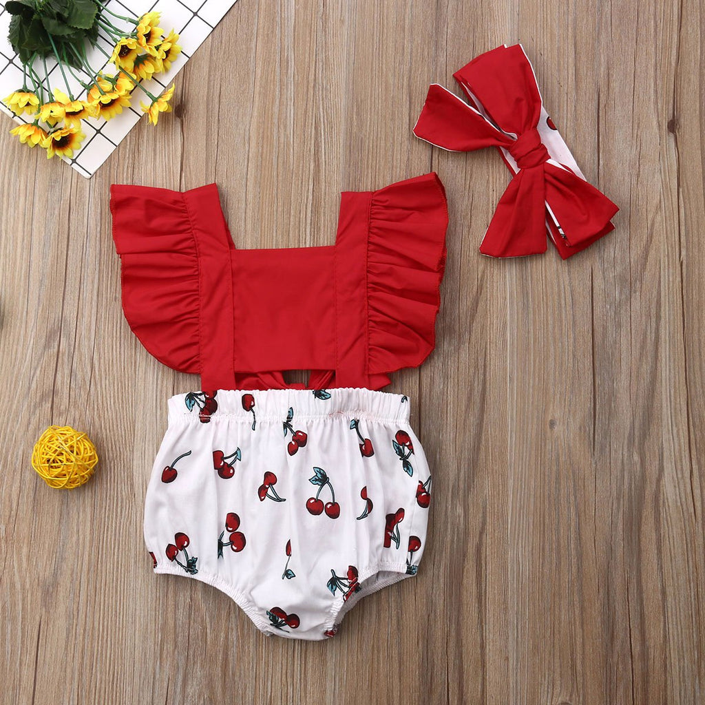 2pcs Newborn Baby Girl Ruffle Cherry Print Bodysuits