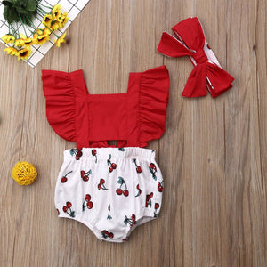 2pcs Newborn Baby Girl Ruffle Cherry Print Bodysuits