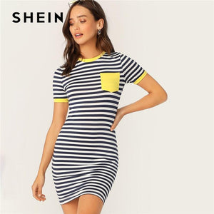 SHEIN Pocket Patched Striped Ringer Tshirt Casual Dress Women Short Sleeve Preppy Round Neck Summer Dress Slim Bodycon Dresses