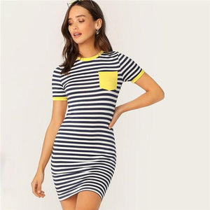 SHEIN Pocket Patched Striped Ringer Tshirt Casual Dress Women Short Sleeve Preppy Round Neck Summer Dress Slim Bodycon Dresses