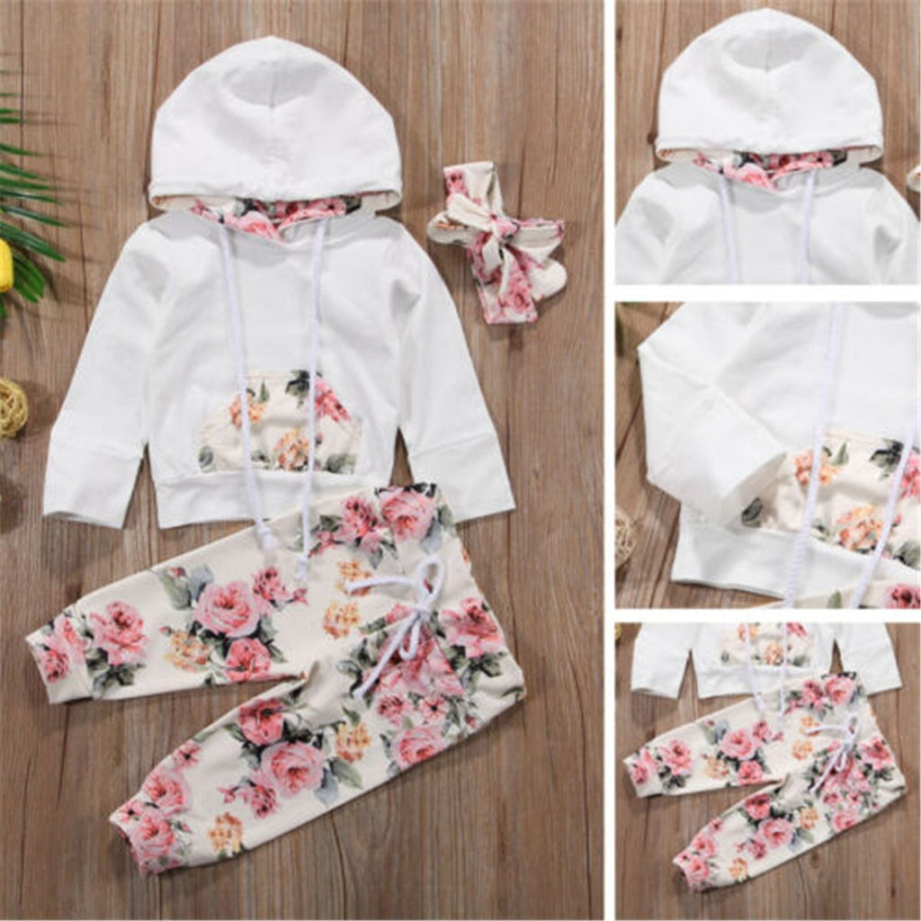 Floral Tracksuit Printed pocket hooded Sweater + Leggings Pants + Hair Band Set