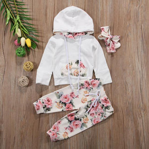 Floral Tracksuit Printed pocket hooded Sweater + Leggings Pants + Hair Band Set