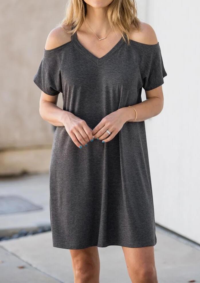 Women Solid Cold Shoulder Mini Dress Dark Gray Plus Size Female Streetwear summer dress Casual  Kawaii Sundress Tshirt Dress