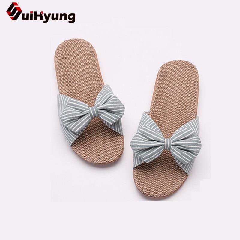 Summer Casual Slides Comfortable Flax Slippers Striped Bow Linen Flip Flops