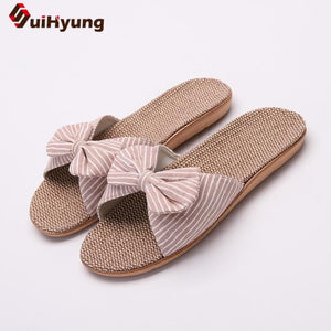 Summer Casual Slides Comfortable Flax Slippers Striped Bow Linen Flip Flops