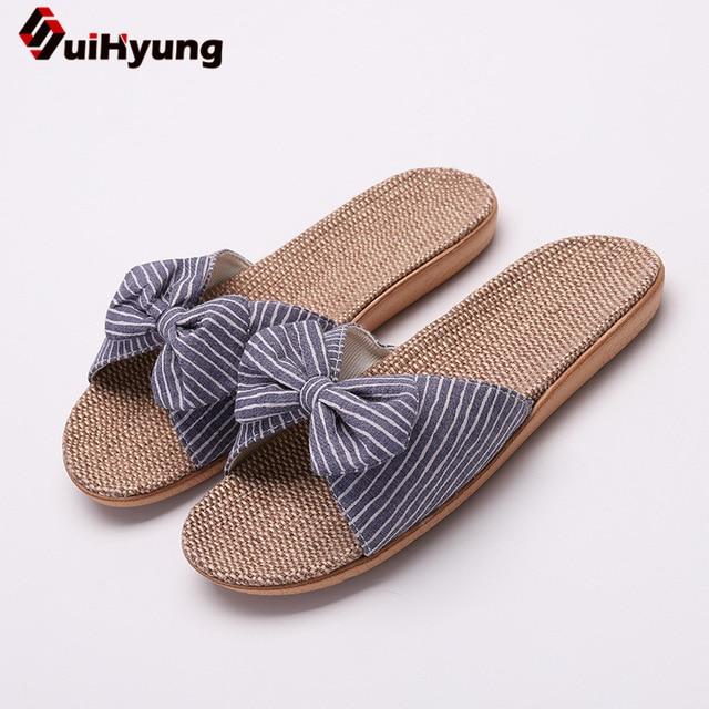 Summer Casual Slides Comfortable Flax Slippers Striped Bow Linen Flip Flops