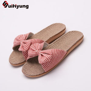 Summer Casual Slides Comfortable Flax Slippers Striped Bow Linen Flip Flops