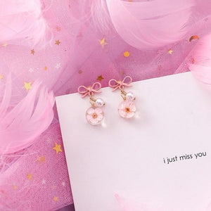 Pink Earrings Korean Flower Sweet Geometric Drops Earring