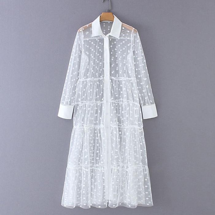 Women Stylish Polka Dot Patchwork Transparent Midi Shirt Dress Long Sleeve Female Chic Sexy Mesh Dresses Vestidos