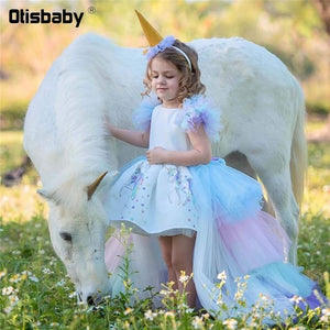 Christmas Fluffy Girl Princess Unicorn Dress Gorgeous Backless Long Tail Wedding Dress