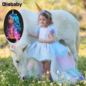 Christmas Fluffy Girl Princess Unicorn Dress Gorgeous Backless Long Tail Wedding Dress