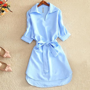 Shirts Women 2019 Summer Casual Dress Fashion Office Lady Solid Red Chiffon Dresses For Women Sashes Tunic Ladies Vestidos Femme