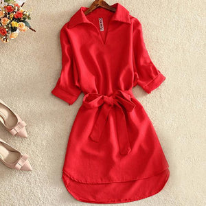 Shirts Women 2019 Summer Casual Dress Fashion Office Lady Solid Red Chiffon Dresses For Women Sashes Tunic Ladies Vestidos Femme